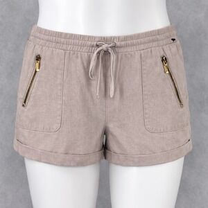 bebe Linen Blend Drawstring Shorts Tan Gold Zip Pockets Mens Medium
